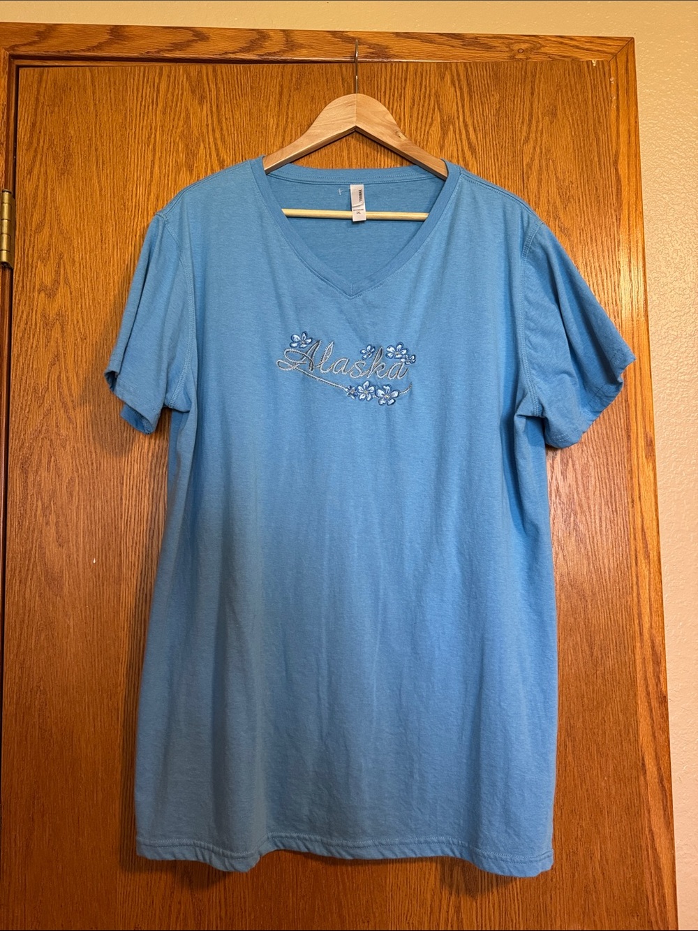 Light Blue V-Neck Short Sleeve Tee with 'Alaska' Embroidery